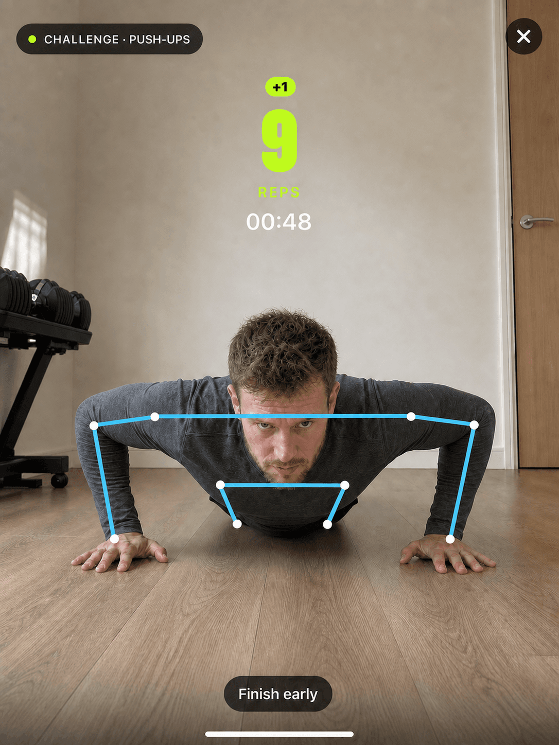 Athlete completing a counted push-up at home