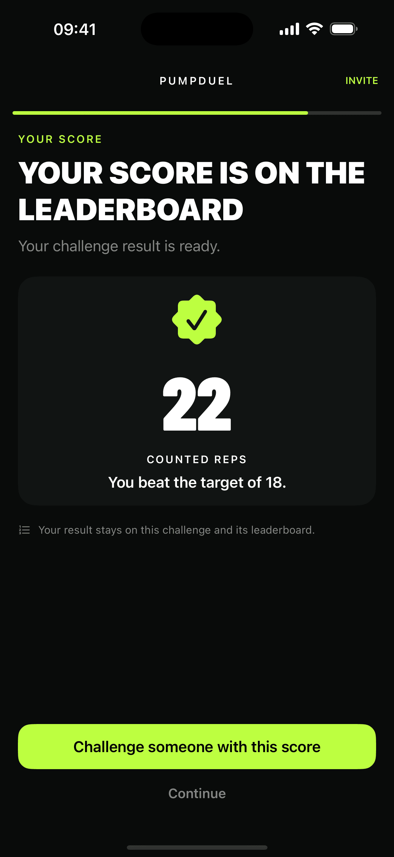 PumpDuel showing a score of 22 counted reps on the leaderboard